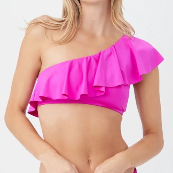 Trina Turk Swim Women's One Shoulder Ruffle Bandeau Swim in Hot Pink. Sz 8. NWT - Picture 1 of 12